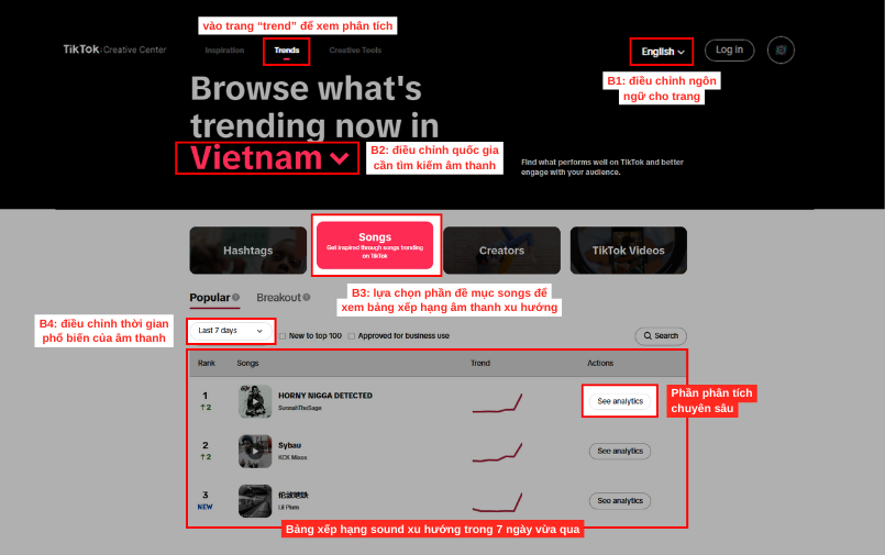 Thực hiện thao tác tại TikTok Creative Center để tìm âm thanh xu hướng mới nhất
